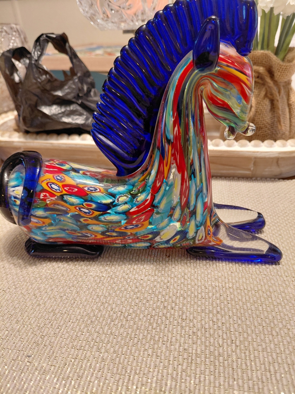 Pier 1 Multicolor Murano-Style Glass Horse with Cobalt Blue Mane